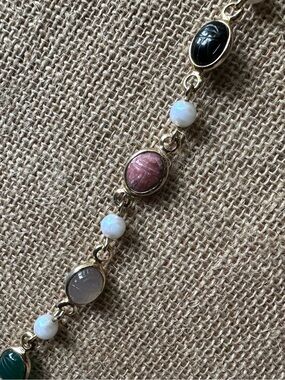 Vintage Scarab Gemstone Bracelet Faux Pearl Accents